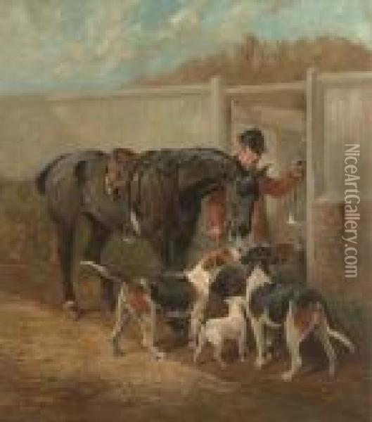 The End Of The Day: A Huntsman Returning To Kennels Oil Painting - John Emms