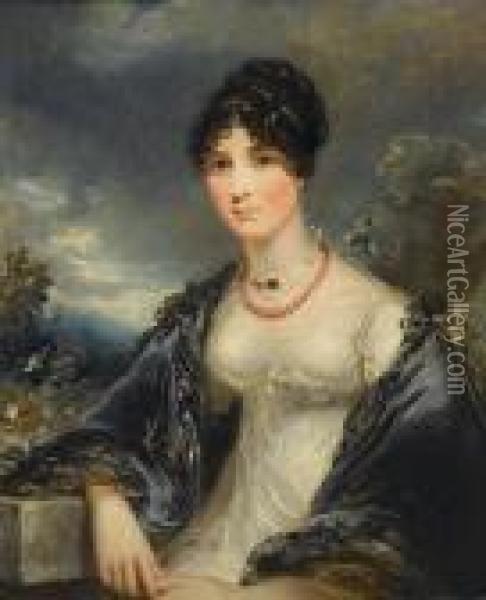 Portrait Of A Lady, 
Half-length, In A White Dress With A Blue Shawl And A Coral Necklace Oil Painting - Sir Thomas Lawrence