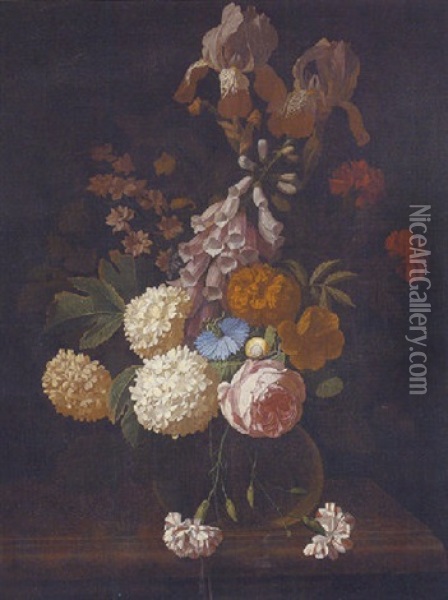 A Still Life Of A Rose, Irises, Carnations, Cornflower, Foxglove, Chrysanthemums And Other Flowers, In A Glass Vase Oil Painting - Isaac Denies