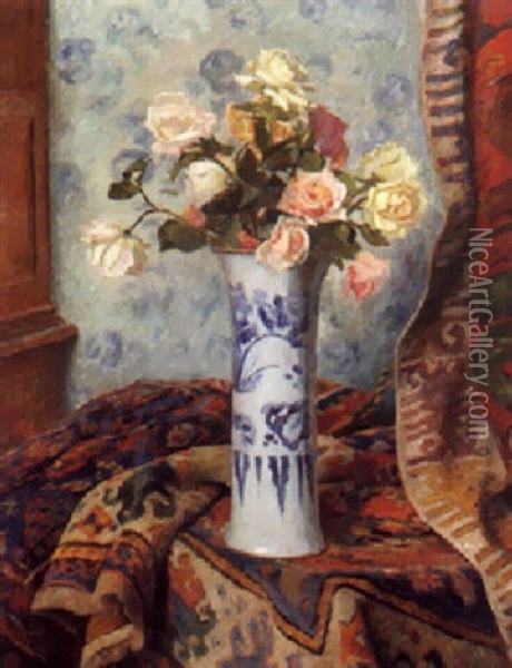 Vase De Roses Aux Tapis Oil Painting - Georges Daniel Monfreid