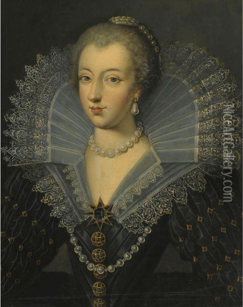 Portrait Of A Lady In An Ornate Black Dress With A Lace Ruff Oil Painting - Frans Pourbus