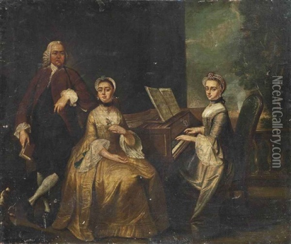Portrait Of A Family Around A Harpsichord Oil Painting - Marcellus Laroon the Younger