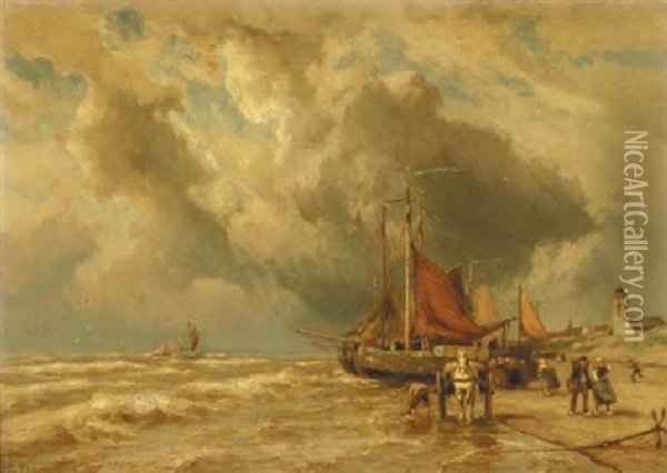 Beached Bomschuiten On The Coast Of Katwijk Aan Zee Oil Painting - Johannes Hermanus Barend Koekkoek