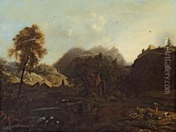 Gebirgslandschaft Mit Muhle, Burg Und Hirten Oil Painting - Johann Christian Brand