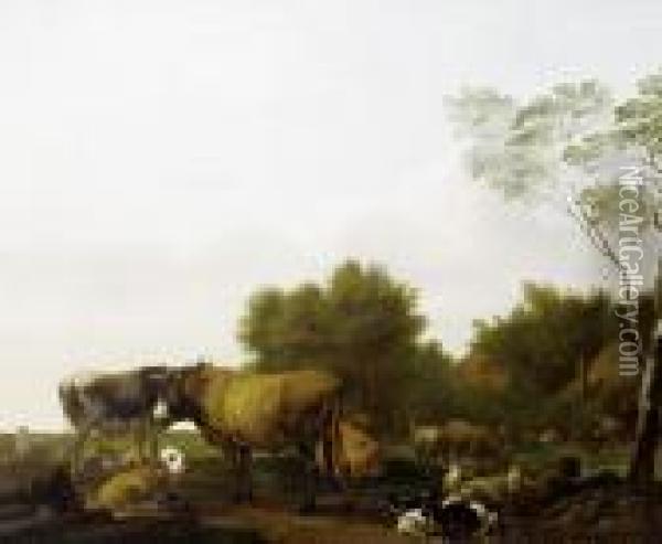 Cattle Grazing In A Meadow, Before An Open Landscape Oil Painting - Jacob Van Der Does I