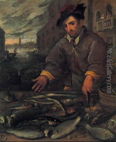 Parti Fra Venedig Med Fiskehandler, Der Praesenterer Sine Varer Oil Painting - Dirck De Vries
