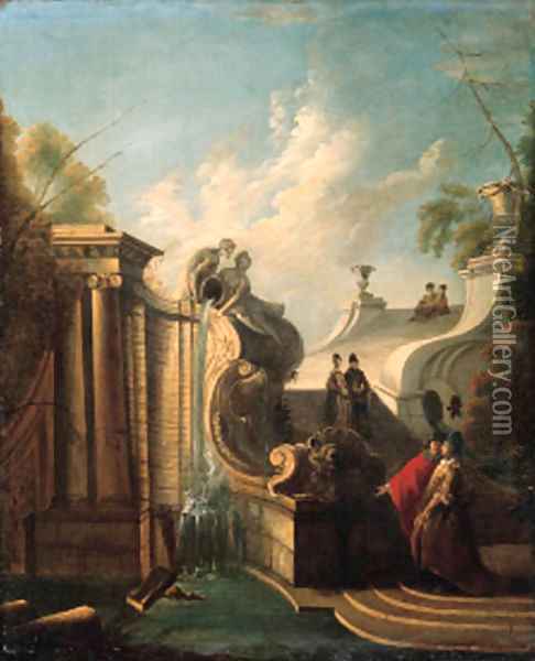 Elegant couples conversing on a staircase by a fountain Oil Painting - Jacques de Lajoue