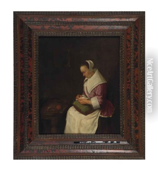 A Woman Sitting At A Table Doing Her Mending Oil Painting - Quiringh Gerritsz van Brekelenkam
