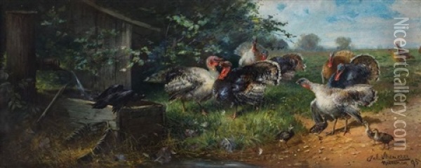 Indyki I Wrona Oil Painting - Julius Scheuerer