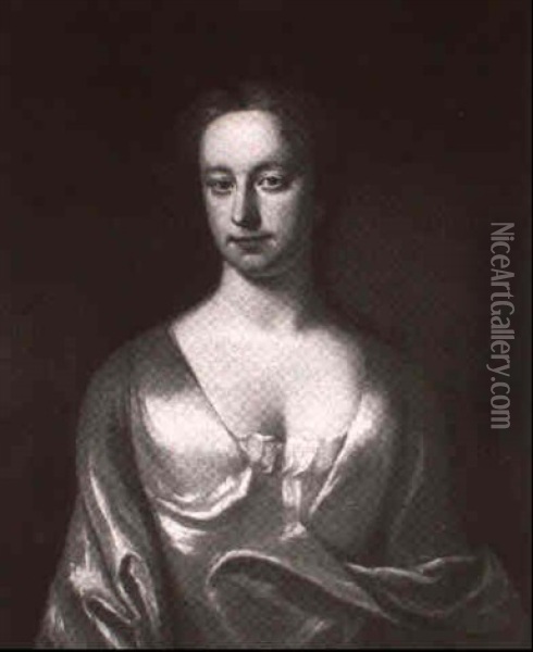Portrait Of A Lady, Half Length, Wearing A Grey Satin Dress Oil Painting - Michael Dahl