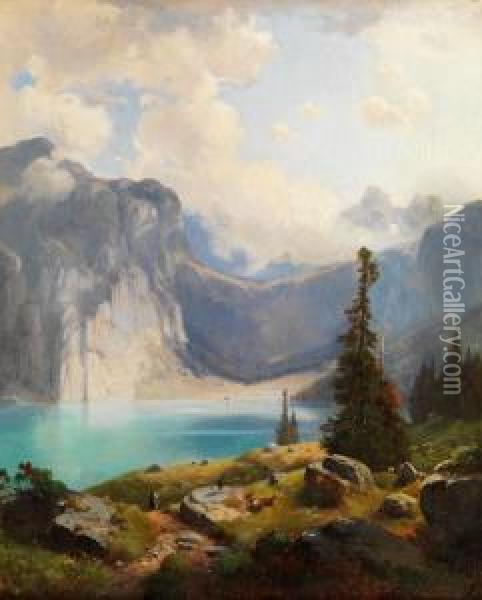 Blick Auf Einen Alpensee Oil Painting - Anton Schiffer