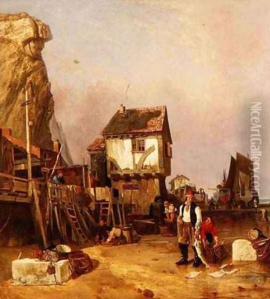 Fisherfolk with their catch by a quay Oil Painting - Henry Perlee Parker