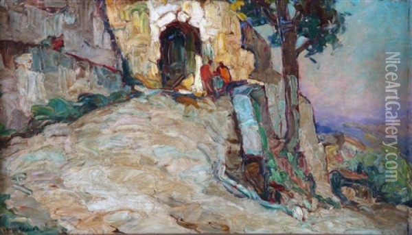 Entree D'un Village Et Dessin (recto-verso) Oil Painting - Louis Pastour