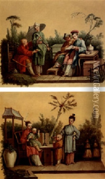 Oriental Figures Reading And Conversing In A Garden Oil Painting - Jean Baptiste Pillement