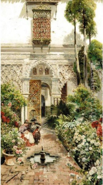 A Garden In Seville Oil Painting - Manuel Garcia y Rodriguez