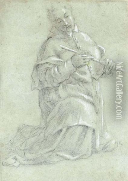 A Kneeling Man Holding A Flute Oil Painting - Cesare Sermei