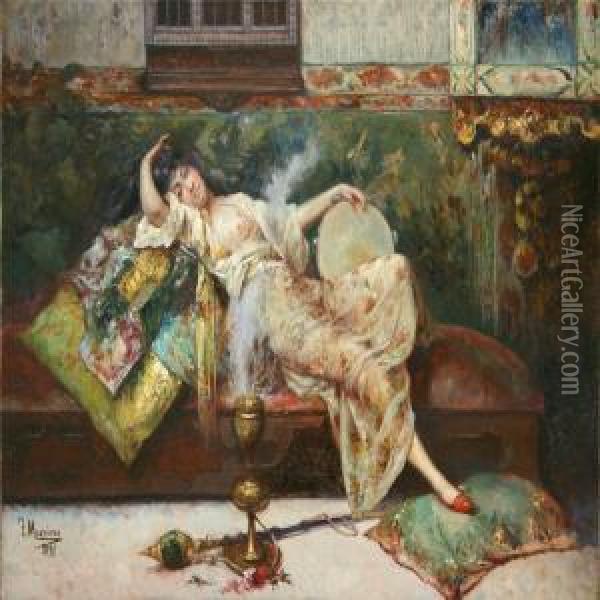 Interior With Young Oriental Woman Oil Painting - Francisco Masriera y Manovens