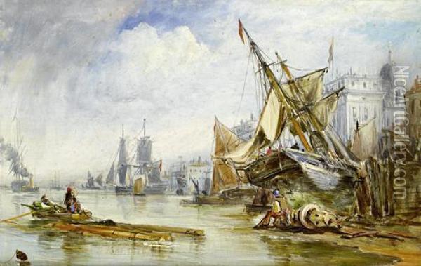 Low Tide On The Thames Foreshore Below The Customs House Oil Painting - George Chambers