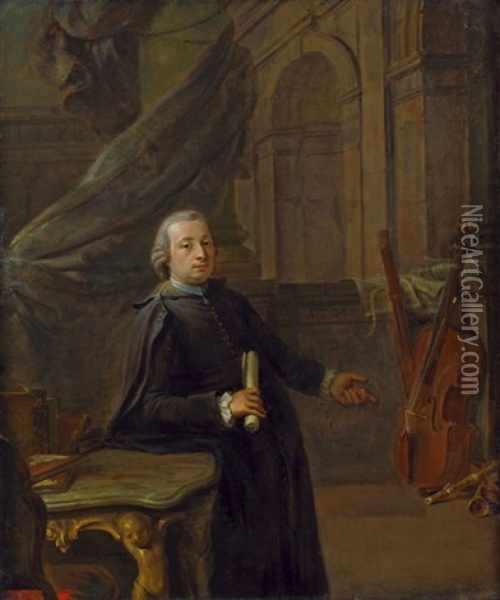 Bildnis Eines Hofkapellmeisters An Seinem Arbeitstisch, Im Hintergrund Musikinstrumente Oil Painting - Johann Jakob Dorner the Elder