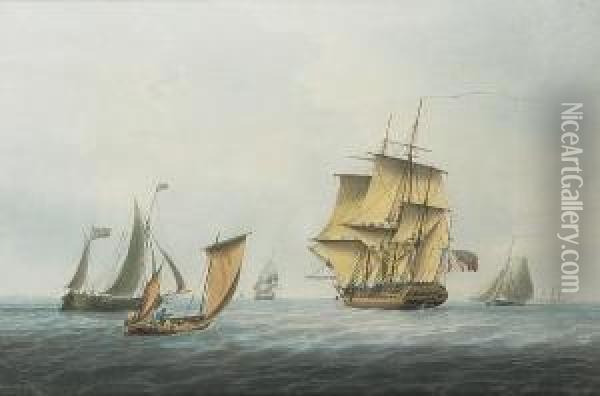 A Frigate Making Sail Offshore, Probably In Spithead Oil Painting - William Anderson