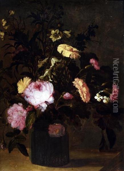 Stilllife Of Mixed Flowers In A Jar Oil Painting - Hans Bollongier