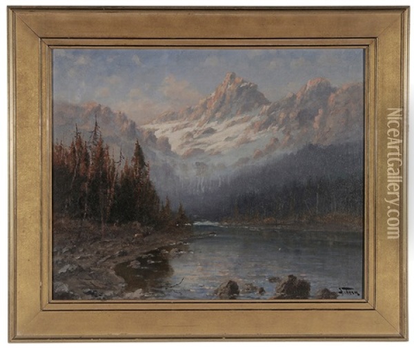 River With Moose Near Glacier Laden Ridge Oil Painting - John Fery
