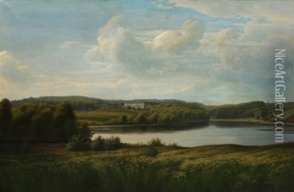 Landscape With A Manor House Near A Lake Oil Painting - Eiler Rasmussen Eilersen
