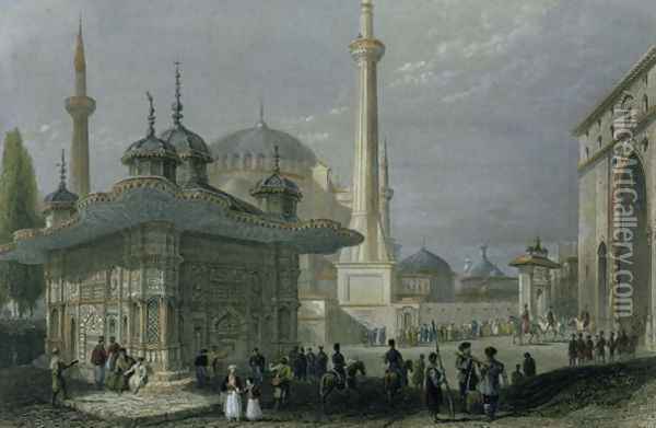 Fountain and Square of St. Sophia, Istanbul c.1850 Oil Painting - William Henry Bartlett