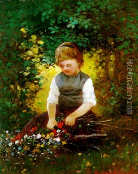 Blomsterbindande Flicka Oil Painting - Johan Severin Nilsson
