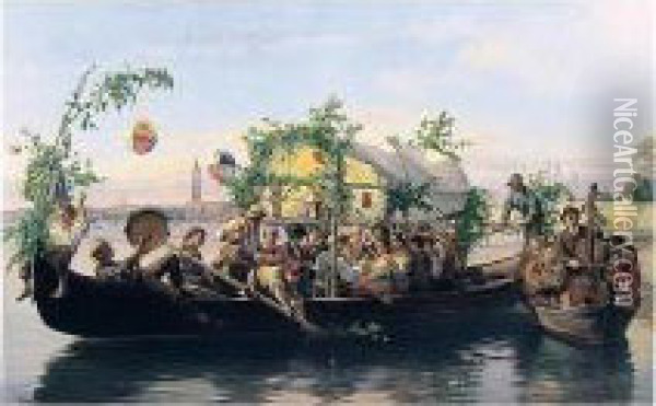 Una Festa Veneziana (a Venetian Water Fete) Oil Painting - Antonio Rotta
