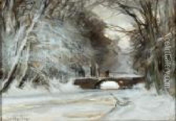 A Figure On A Bridge In A Winter Landscape Oil Painting - Louis Apol