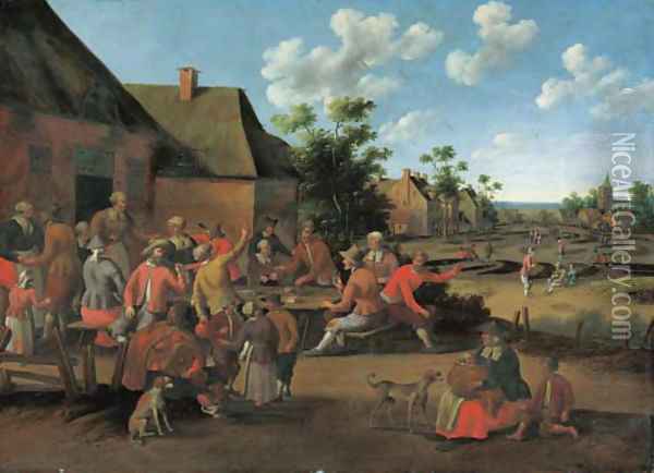 Peasants feasting outside an inn in a village Oil Painting - Cornelius Droochsloot