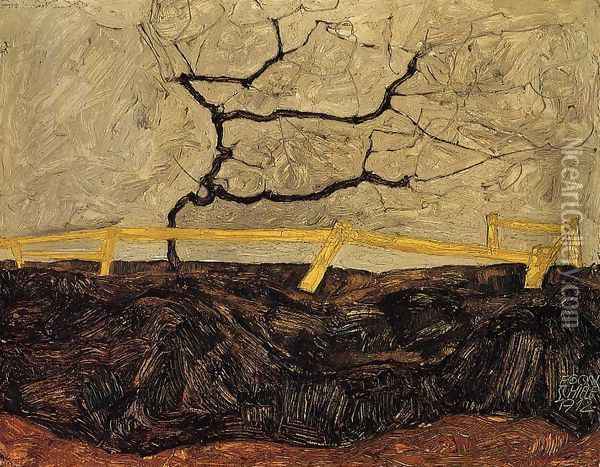 Bare Tree Behind A Fence Oil Painting - Egon Schiele