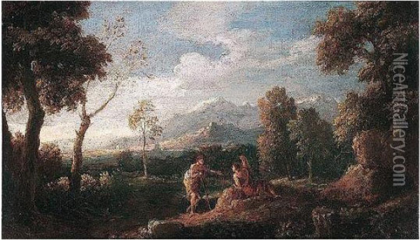 A Wooded Landscape With Figures Conversing In The Foreground Oil Painting - Jan Frans Van Bloemen (Orizzonte)