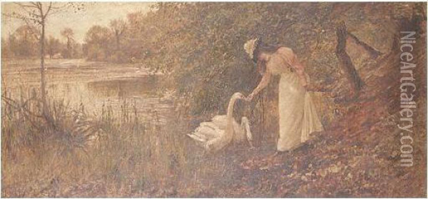 Feeding The Swans, Swanbourne Lake Arundel Oil Painting - Hamilton Jay