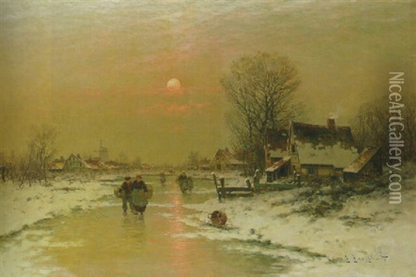 A Moonlit River Landscape In Winter Oil Painting - Johann Jungblut