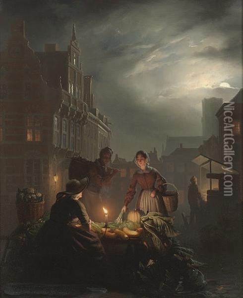 A Market Stall By Candlelight Oil Painting - Petrus van Schendel