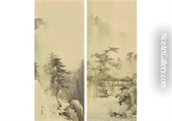 Kyoraku Four Seasons Shugakuin Summer Kurama Mounta In Winter (a Pair Of Scrolls) Oil Painting - Manshu Kawamura