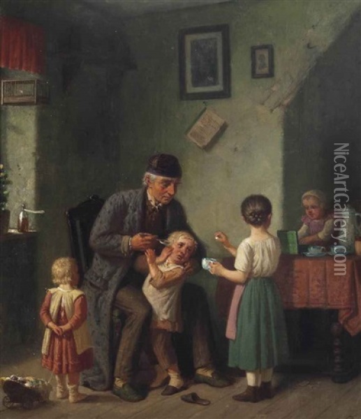 A Spoonful Of Sugar Helps The Medicine Go Down Oil Painting - Friedrich Moritz Wendler