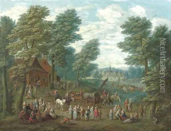 A wooded landscape with numerous peasants and carriages in an open clearing Oil Painting - School Of Antwerp