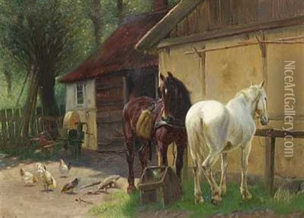 Heste Og Hons Pa Gardspladsen Oil Painting - Simon Simonsen