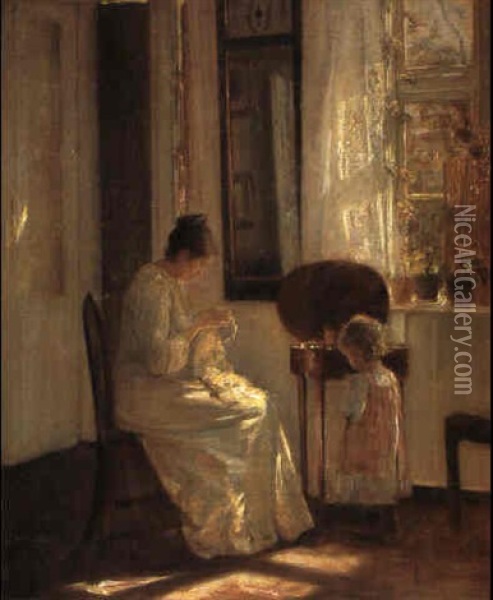 Interior Med Mor Og Barn, Sollys Oil Painting - Carl Vilhelm Holsoe