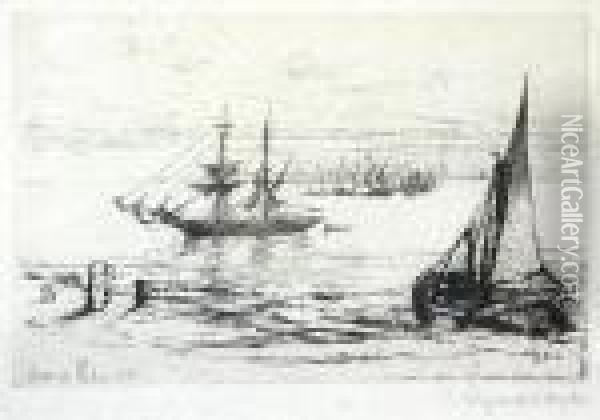 Fishing Fleet At Anchor (1870) Oil Painting - Sir Francis Seymour Haden