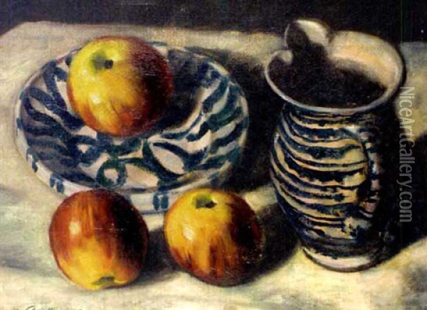 Stillleben Mit Apfeln Und Gmundner Keramik Oil Painting - Karl Schattanek