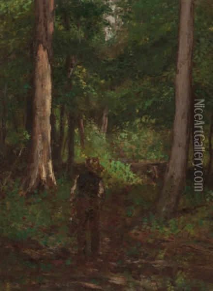 Figure On A Forest Pathway Oil Painting - Charles Stanley Reinhart