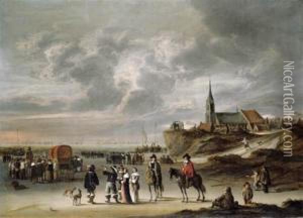 Elegant Company On The Beach Ar Egmond Aan Zee, A Naval Battle Beyond Oil Painting - Cornelis Beelt