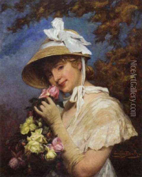 Portrait Of A Girl In A White Dress And Straw Bonnet, Holding A Basket Of Flowers Oil Painting - Eugene Auguste Francois Deully