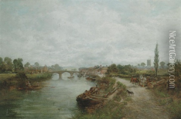 River Landscape With A Town Beyond Oil Painting - David Payne
