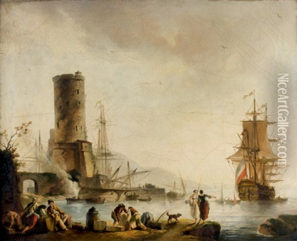 Paysage De Port Avec Des Marchands Turcs Oil Painting - Charles Francois Lacroix