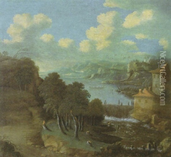 Fluslandschaft Mit Gebauden Am Wasserfall Vorne Rechts Oil Painting - Peter Von Bemmel